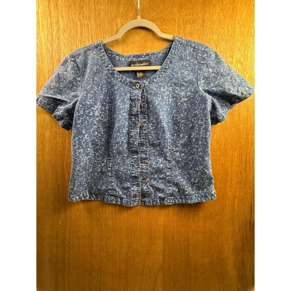 Requirements Blouse Top Womens Size S Blue Short Sleeve Floral Filigree Pattern